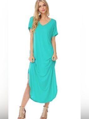 Bom Bom Teal V-Neck Maxi Dress